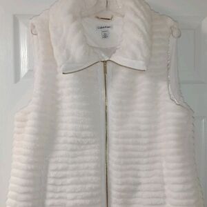 Calvin Klein Cream Faux Fur Vest with Gold Accents